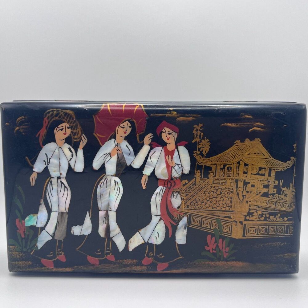 Vintage Asian Black Lacquer Jewelry Box, Inlaid Mother of Pearl Geisha Girls Box